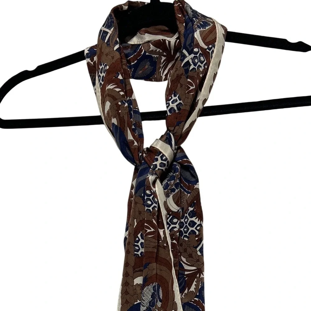 VTG 1987 Ginnie Johansen Silk Scarf Brown Blue Paisley‎ Floral Made in Japan EUC